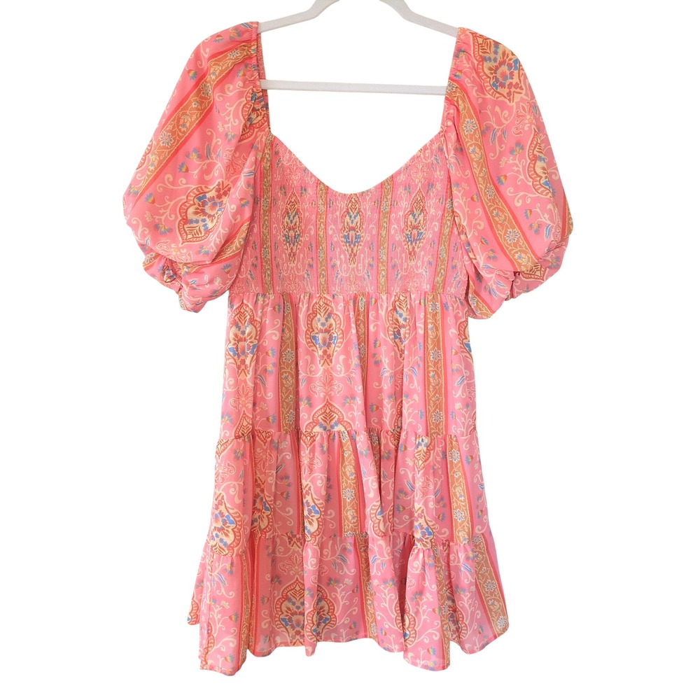 Flying Tomato Pink Boho Puff Sleeve Mini Dress L Cottagecore Coquette Paisley - Picture 2 of 8